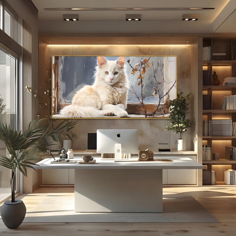 Tablou Canvas Premium, LuxCanva® M1190, Stapana Casei, Fereastra, Frunze, Crengi, Pictura, Pufos, Rustic, Pisica, Felina, Vintage, Melancolie, Relaxare, Blana, Coada, Birou, Living, Camera Copil