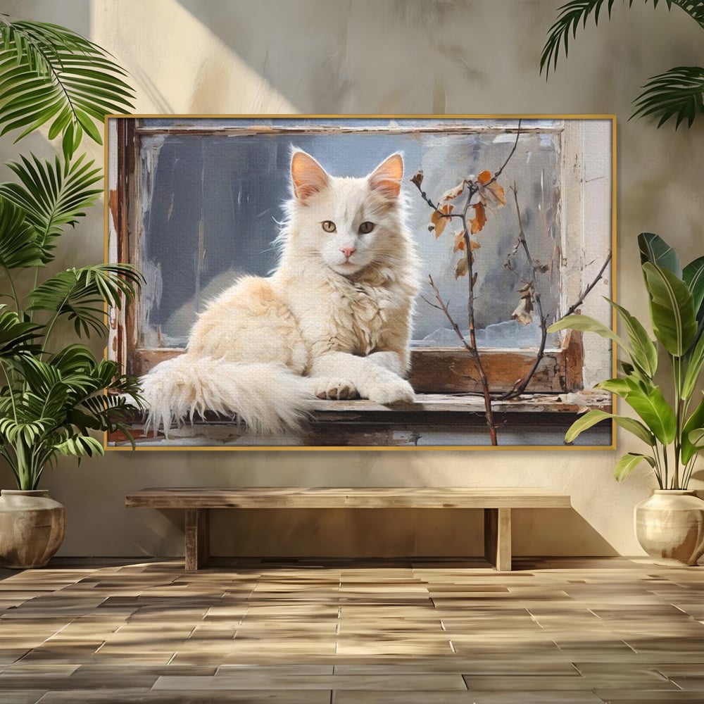 Tablou Canvas Premium, LuxCanva® M1190, Stapana Casei, Fereastra, Frunze, Crengi, Pictura, Pufos, Rustic, Pisica, Felina, Vintage, Melancolie, Relaxare, Blana, Coada, Birou, Living, Camera Copil