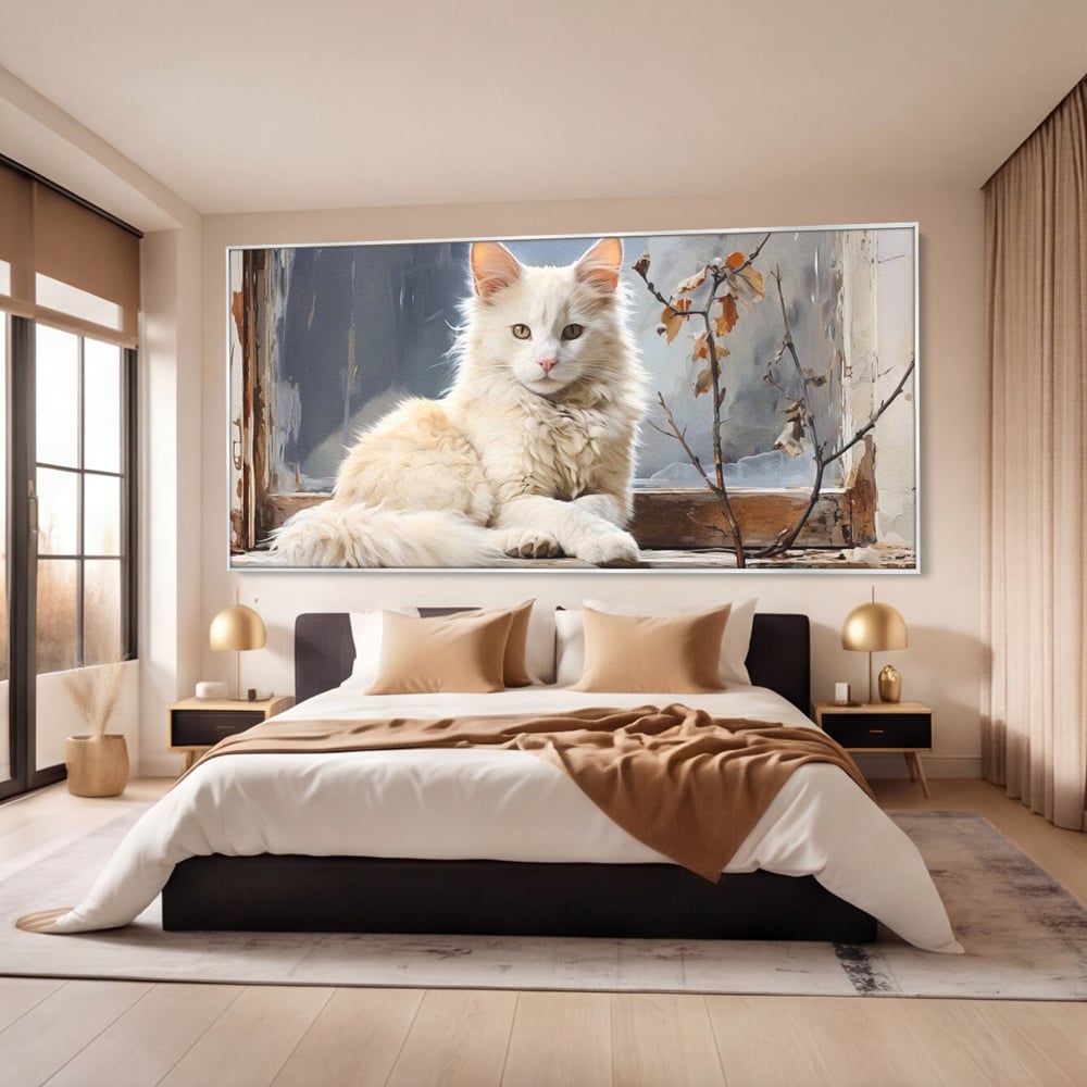 Tablou Canvas Premium, LuxCanva® M1190, Stapana Casei, Fereastra, Frunze, Crengi, Pictura, Pufos, Rustic, Pisica, Felina, Vintage, Melancolie, Relaxare, Blana, Coada, Birou, Living, Camera Copil