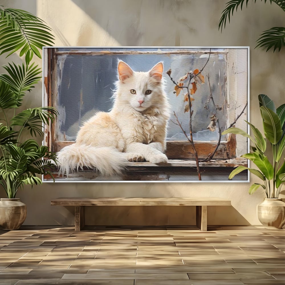 Tablou Canvas Premium, LuxCanva® M1190, Stapana Casei, Fereastra, Frunze, Crengi, Pictura, Pufos, Rustic, Pisica, Felina, Vintage, Melancolie, Relaxare, Blana, Coada, Birou, Living, Camera Copil