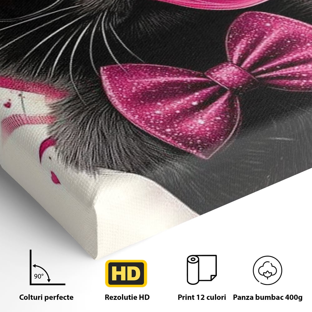 Tablou Canvas Premium, LuxCanva® M1191, Rockstar cu Mustati, Pisica, Funky, Pop Art, Fashion, Roz, Ochelari, Fundita, Modern, Balon, Guma, Sclipici, Birou, Living, Camera Copil
