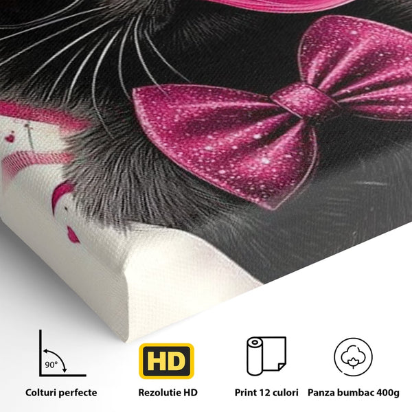 Tablou Canvas Premium, LuxCanva® M1191, Rockstar cu Mustati, Pisica, Funky, Pop Art, Fashion, Roz, Ochelari, Fundita, Modern, Balon, Guma, Sclipici, Birou, Living, Camera Copil