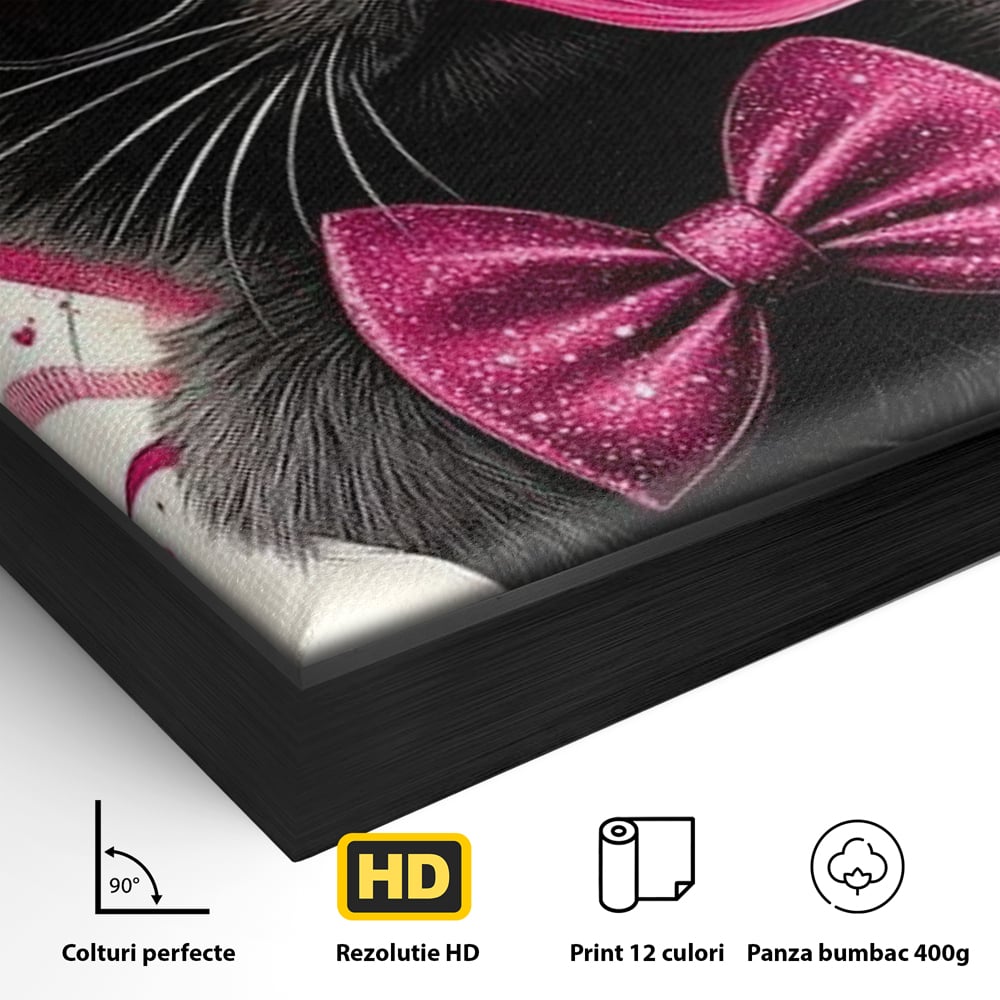 Tablou Canvas Premium, LuxCanva® M1191, Rockstar cu Mustati, Pisica, Funky, Pop Art, Fashion, Roz, Ochelari, Fundita, Modern, Balon, Guma, Sclipici, Birou, Living, Camera Copil