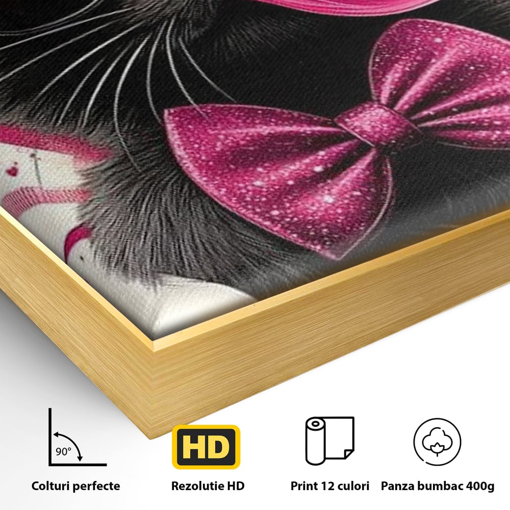 Tablou Canvas Premium, LuxCanva® M1191, Rockstar cu Mustati, Pisica, Funky, Pop Art, Fashion, Roz, Ochelari, Fundita, Modern, Balon, Guma, Sclipici, Birou, Living, Camera Copil