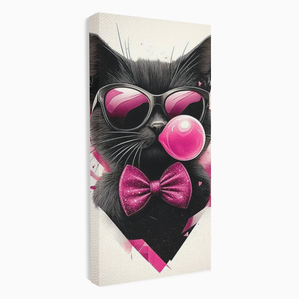Tablou Canvas Premium, LuxCanva® M1191, Rockstar cu Mustati, Pisica, Funky, Pop Art, Fashion, Roz, Ochelari, Fundita, Modern, Balon, Guma, Sclipici, Birou, Living, Camera Copil