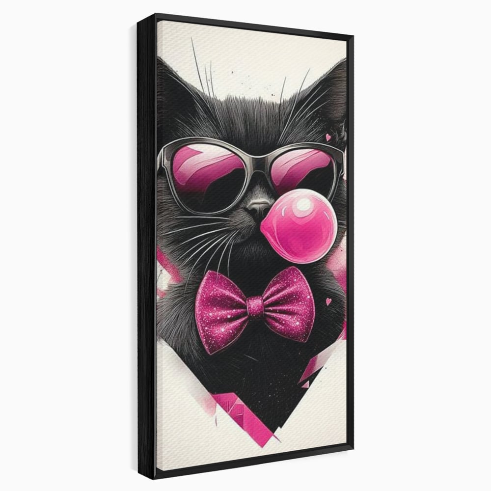 Tablou Canvas Premium, LuxCanva® M1191, Rockstar cu Mustati, Pisica, Funky, Pop Art, Fashion, Roz, Ochelari, Fundita, Modern, Balon, Guma, Sclipici, Birou, Living, Camera Copil