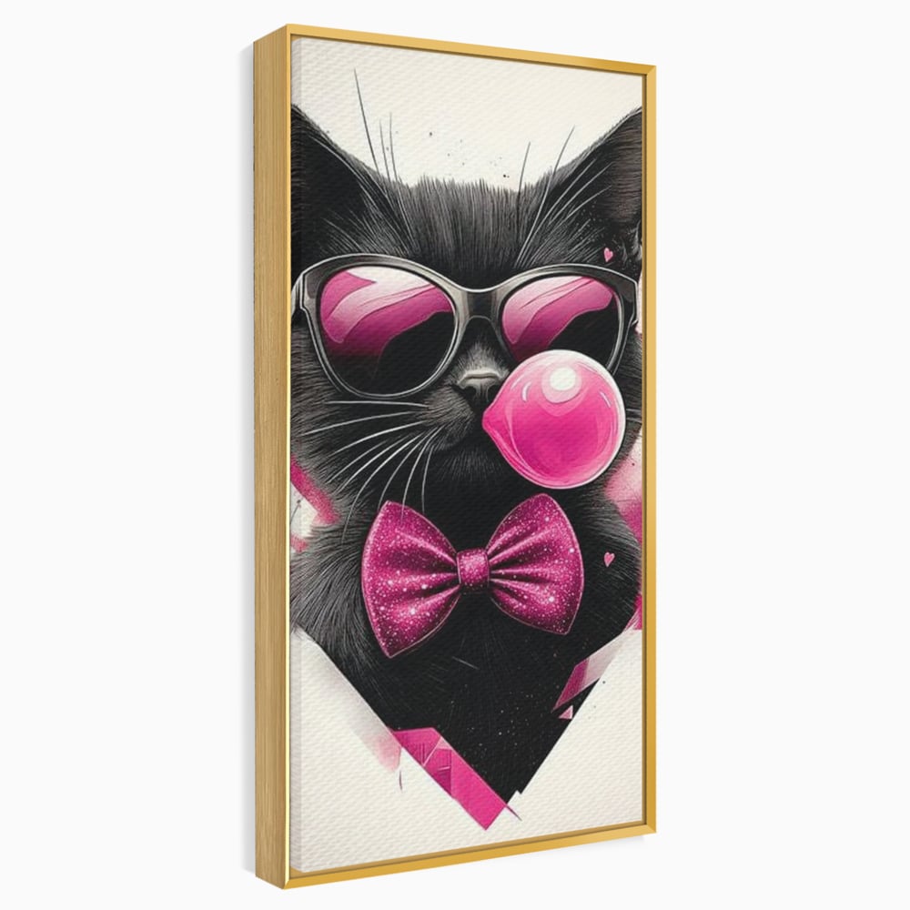 Tablou Canvas Premium, LuxCanva® M1191, Rockstar cu Mustati, Pisica, Funky, Pop Art, Fashion, Roz, Ochelari, Fundita, Modern, Balon, Guma, Sclipici, Birou, Living, Camera Copil