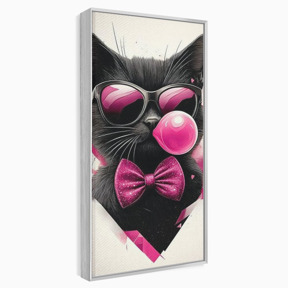 Tablou Canvas Premium, LuxCanva® M1191, Rockstar cu Mustati, Pisica, Funky, Pop Art, Fashion, Roz, Ochelari, Fundita, Modern, Balon, Guma, Sclipici, Birou, Living, Camera Copil