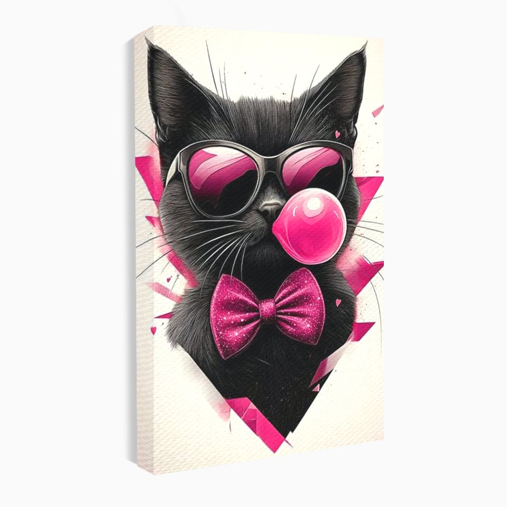 Tablou Canvas Premium, LuxCanva® M1191, Rockstar cu Mustati, Pisica, Funky, Pop Art, Fashion, Roz, Ochelari, Fundita, Modern, Balon, Guma, Sclipici, Birou, Living, Camera Copil