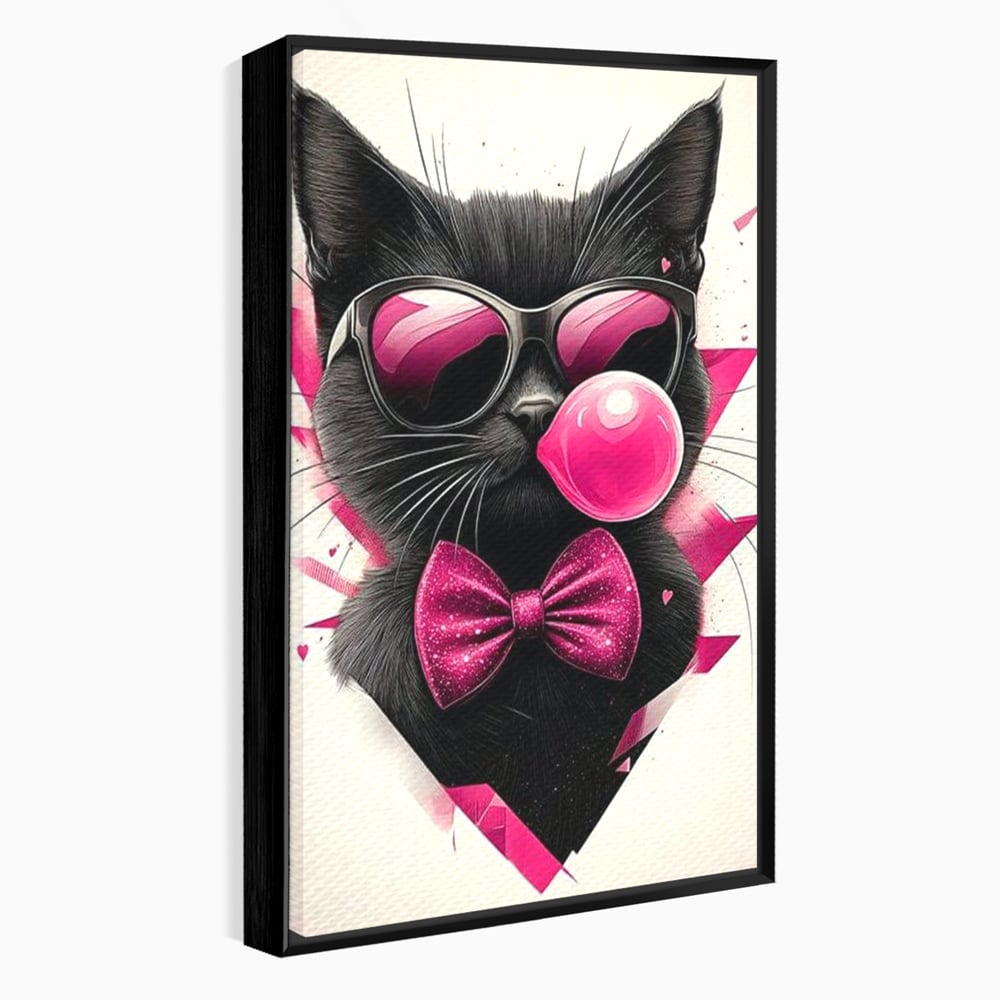 Tablou Canvas Premium, LuxCanva® M1191, Rockstar cu Mustati, Pisica, Funky, Pop Art, Fashion, Roz, Ochelari, Fundita, Modern, Balon, Guma, Sclipici, Birou, Living, Camera Copil