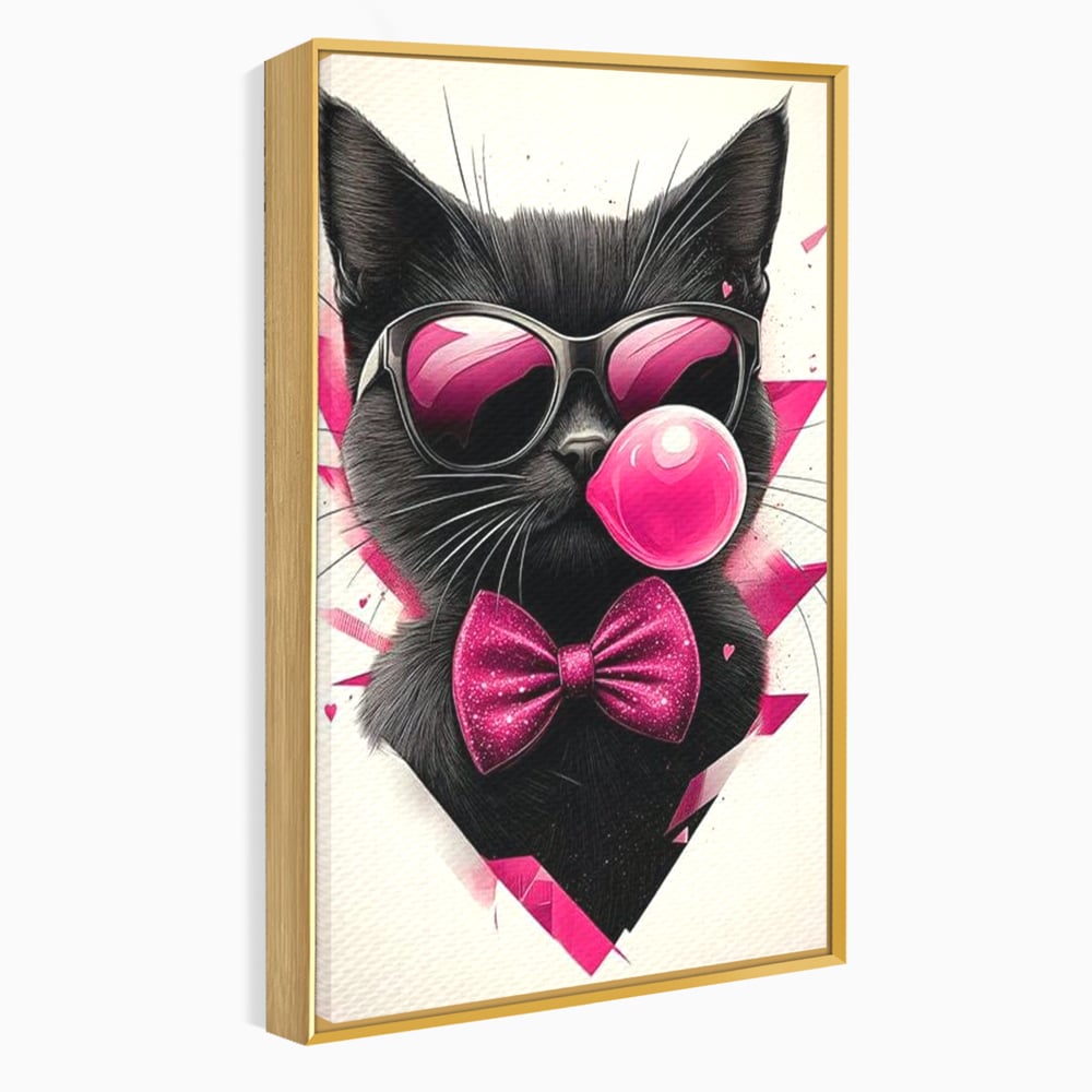 Tablou Canvas Premium, LuxCanva® M1191, Rockstar cu Mustati, Pisica, Funky, Pop Art, Fashion, Roz, Ochelari, Fundita, Modern, Balon, Guma, Sclipici, Birou, Living, Camera Copil