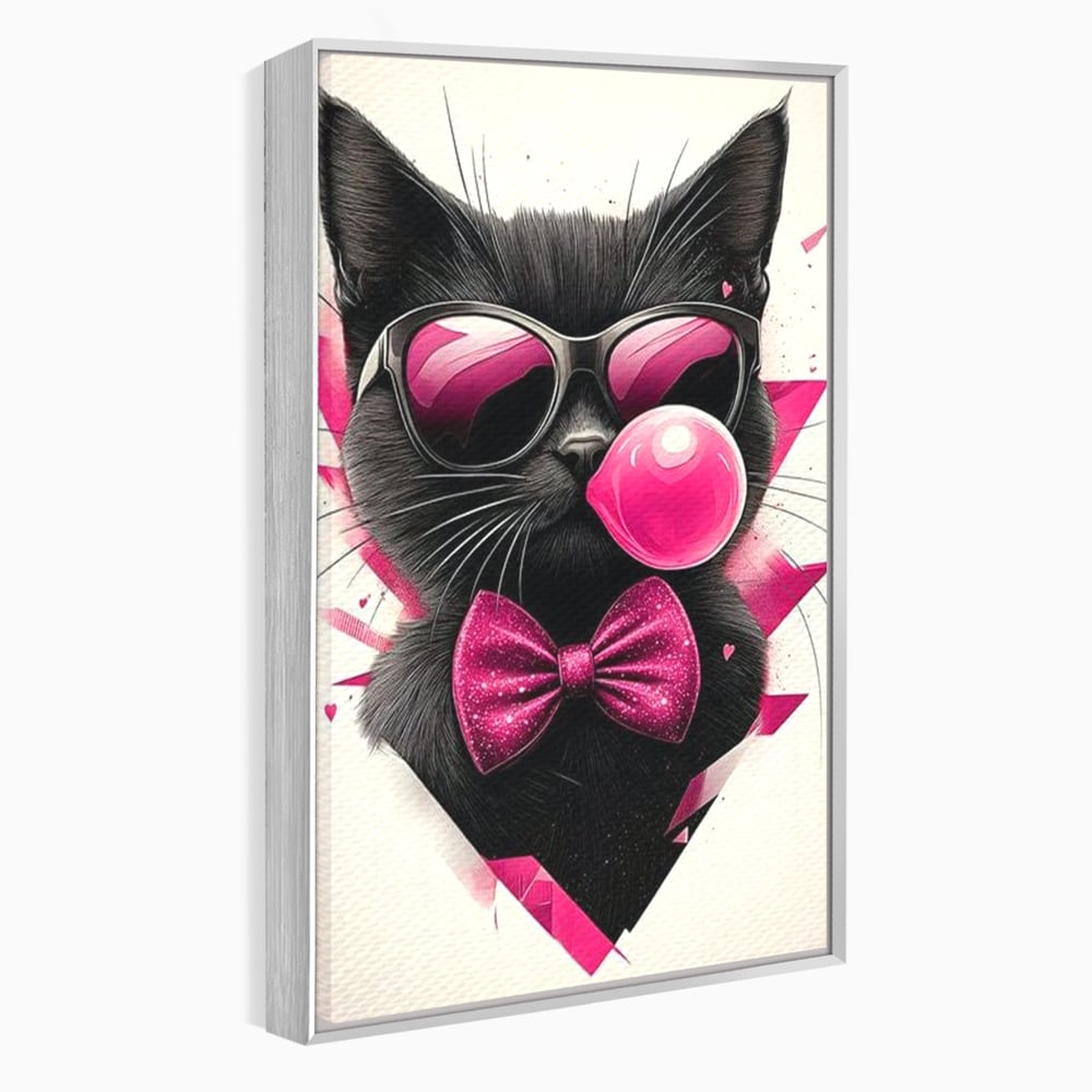 Tablou Canvas Premium, LuxCanva® M1191, Rockstar cu Mustati, Pisica, Funky, Pop Art, Fashion, Roz, Ochelari, Fundita, Modern, Balon, Guma, Sclipici, Birou, Living, Camera Copil