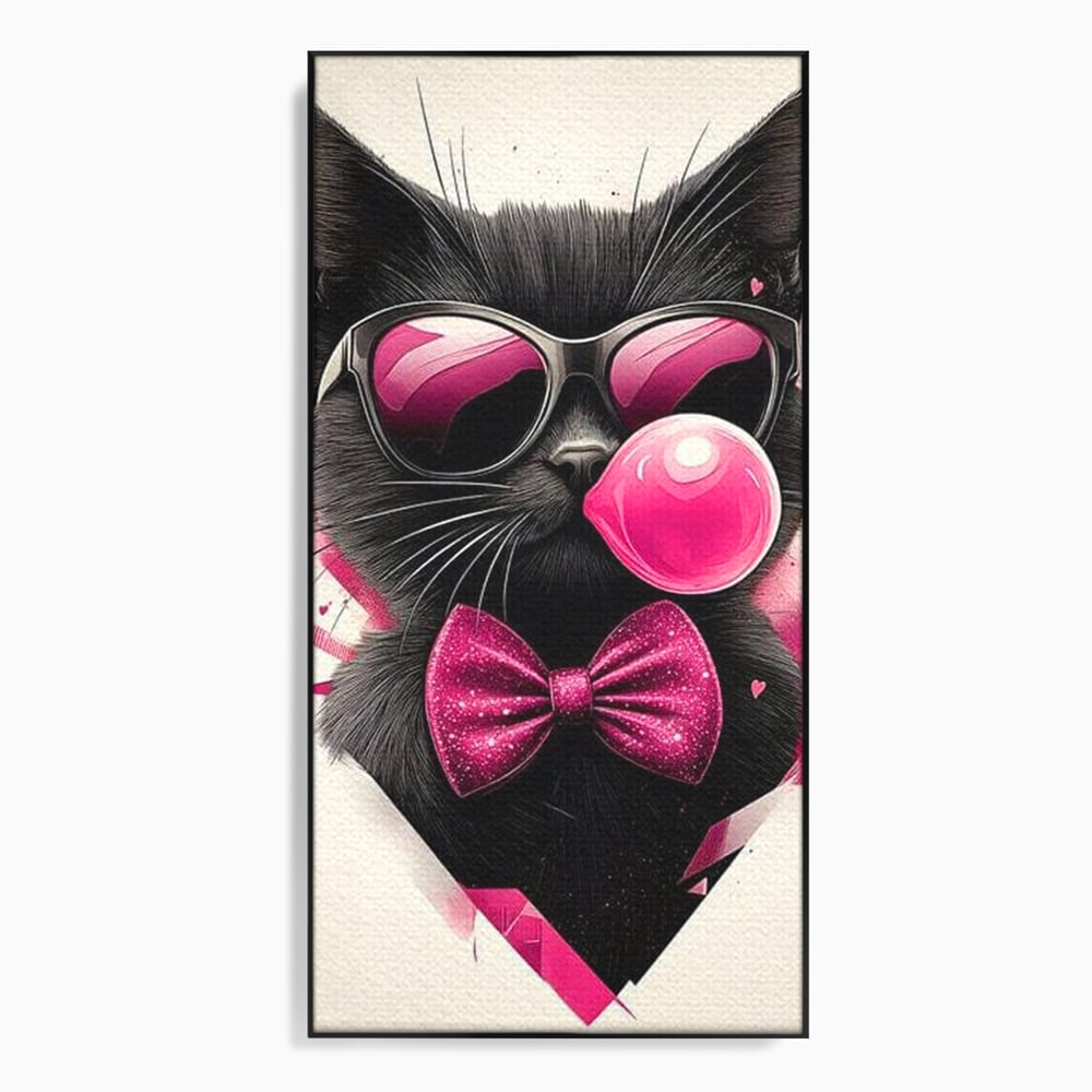 Tablou Canvas Premium, LuxCanva® M1191, Rockstar cu Mustati, Pisica, Funky, Pop Art, Fashion, Roz, Ochelari, Fundita, Modern, Balon, Guma, Sclipici, Birou, Living, Camera Copil
