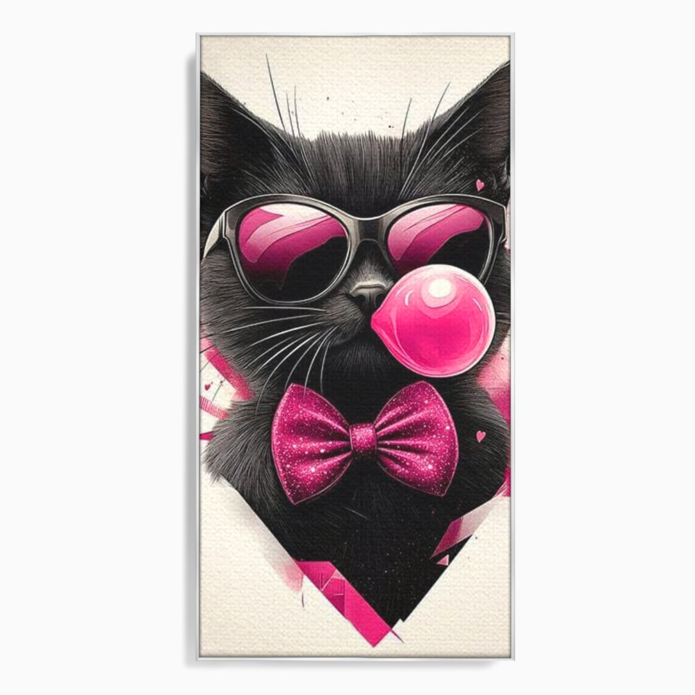 Tablou Canvas Premium, LuxCanva® M1191, Rockstar cu Mustati, Pisica, Funky, Pop Art, Fashion, Roz, Ochelari, Fundita, Modern, Balon, Guma, Sclipici, Birou, Living, Camera Copil