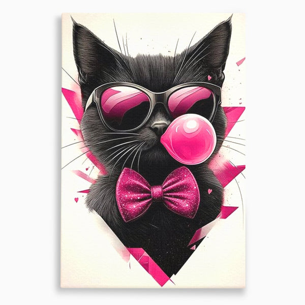 Tablou Canvas Premium, LuxCanva® M1191, Rockstar cu Mustati, Pisica, Funky, Pop Art, Fashion, Roz, Ochelari, Fundita, Modern, Balon, Guma, Sclipici, Birou, Living, Camera Copil