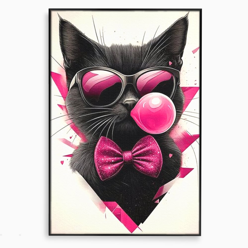 Tablou Canvas Premium, LuxCanva® M1191, Rockstar cu Mustati, Pisica, Funky, Pop Art, Fashion, Roz, Ochelari, Fundita, Modern, Balon, Guma, Sclipici, Birou, Living, Camera Copil