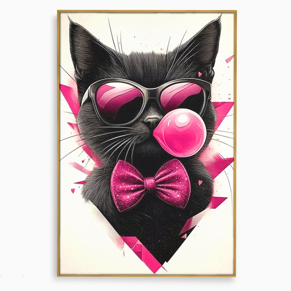 Tablou Canvas Premium, LuxCanva® M1191, Rockstar cu Mustati, Pisica, Funky, Pop Art, Fashion, Roz, Ochelari, Fundita, Modern, Balon, Guma, Sclipici, Birou, Living, Camera Copil