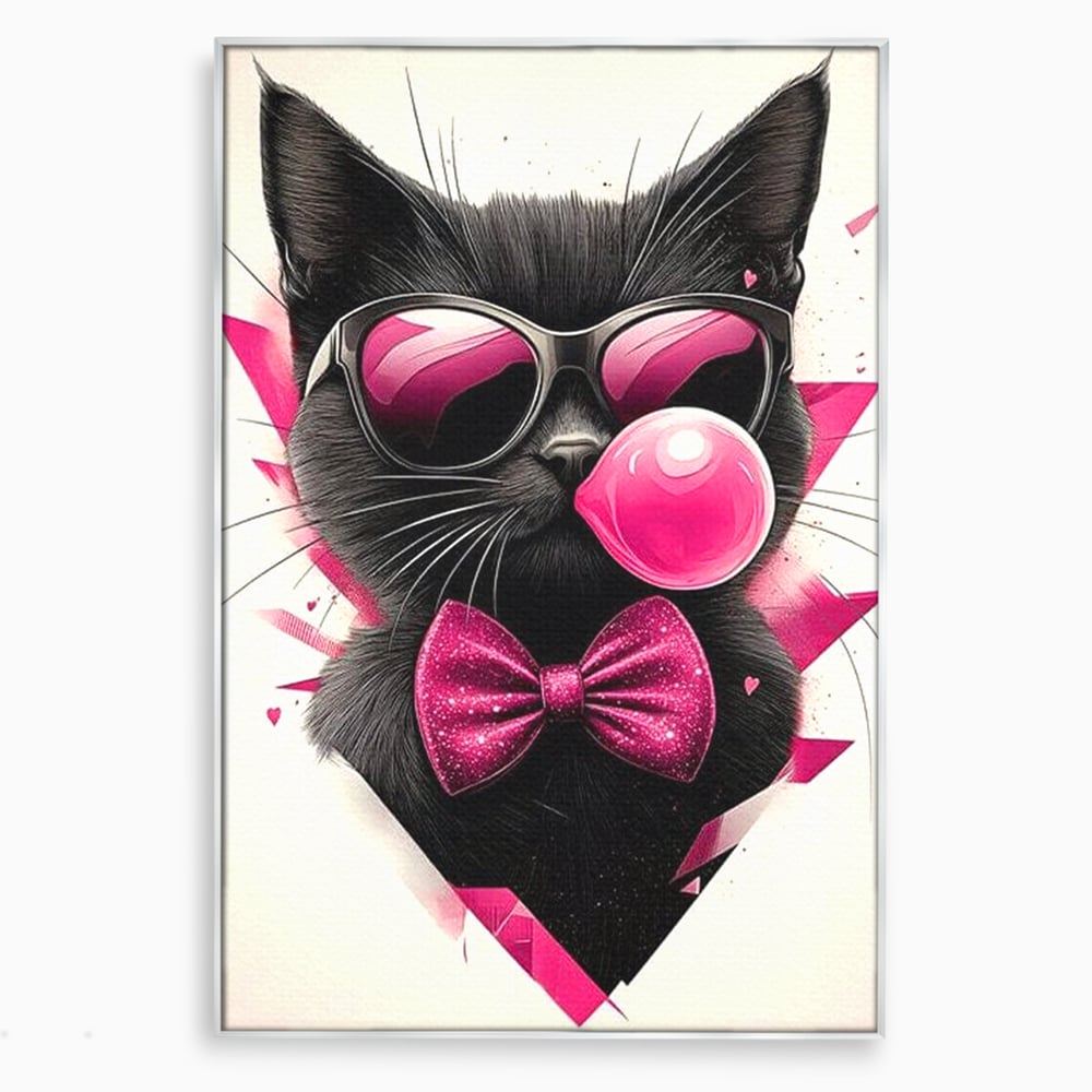 Tablou Canvas Premium, LuxCanva® M1191, Rockstar cu Mustati, Pisica, Funky, Pop Art, Fashion, Roz, Ochelari, Fundita, Modern, Balon, Guma, Sclipici, Birou, Living, Camera Copil