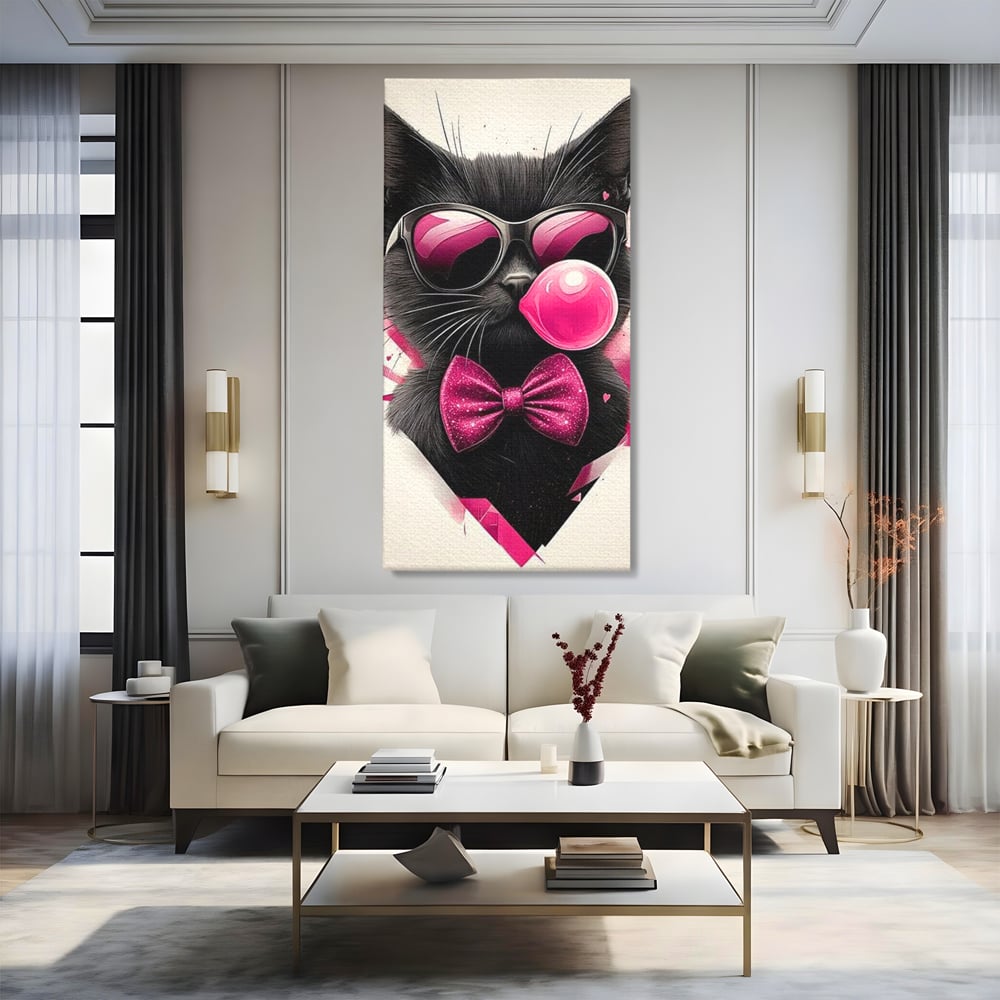 Tablou Canvas Premium, LuxCanva® M1191, Rockstar cu Mustati, Pisica, Funky, Pop Art, Fashion, Roz, Ochelari, Fundita, Modern, Balon, Guma, Sclipici, Birou, Living, Camera Copil