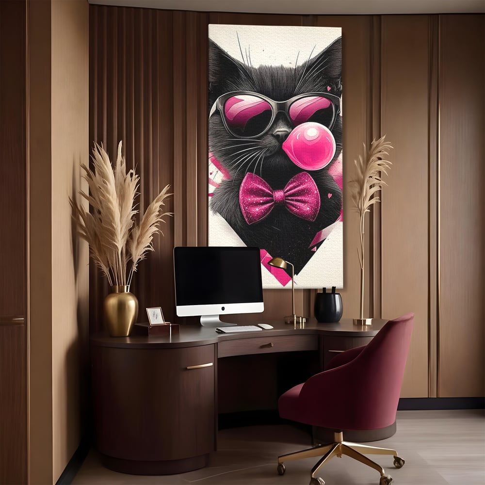 Tablou Canvas Premium, LuxCanva® M1191, Rockstar cu Mustati, Pisica, Funky, Pop Art, Fashion, Roz, Ochelari, Fundita, Modern, Balon, Guma, Sclipici, Birou, Living, Camera Copil