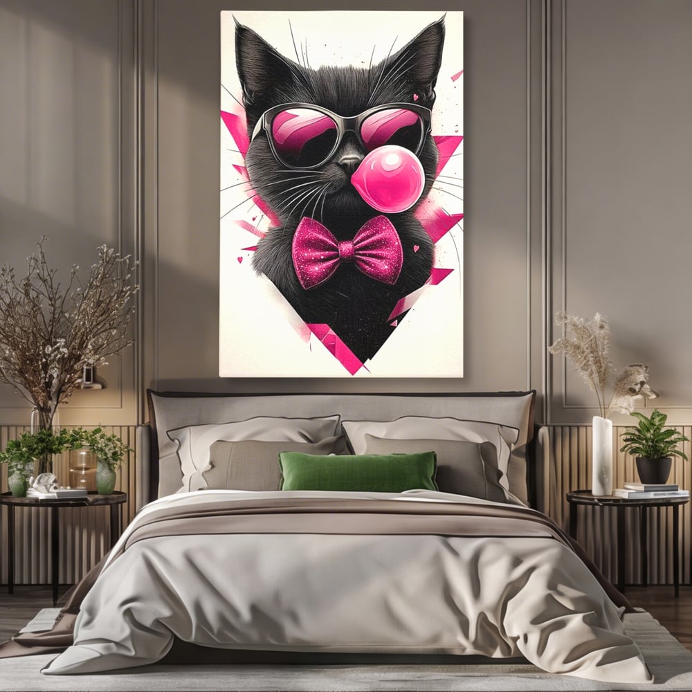 Tablou Canvas Premium, LuxCanva® M1191, Rockstar cu Mustati, Pisica, Funky, Pop Art, Fashion, Roz, Ochelari, Fundita, Modern, Balon, Guma, Sclipici, Birou, Living, Camera Copil