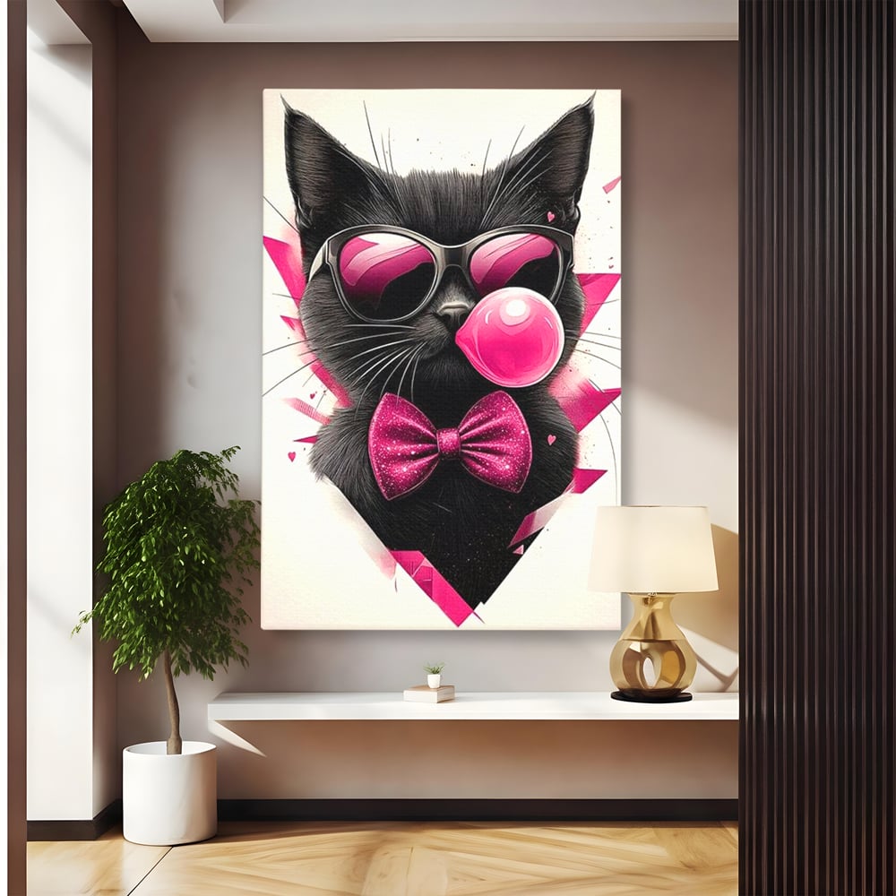 Tablou Canvas Premium, LuxCanva® M1191, Rockstar cu Mustati, Pisica, Funky, Pop Art, Fashion, Roz, Ochelari, Fundita, Modern, Balon, Guma, Sclipici, Birou, Living, Camera Copil