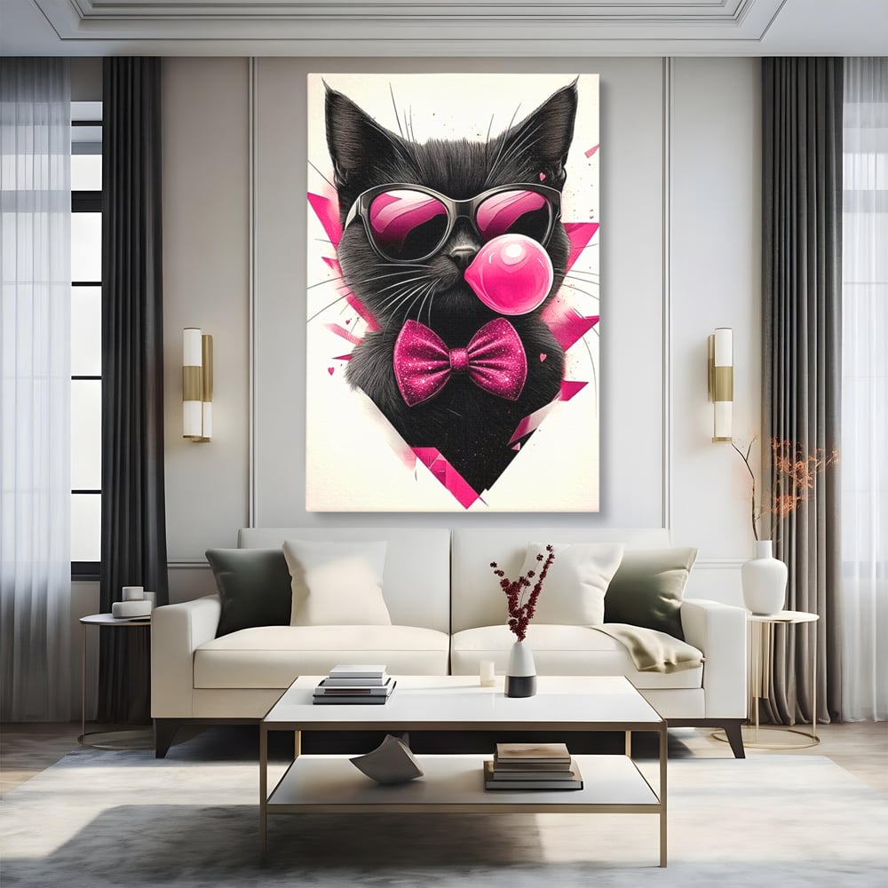 Tablou Canvas Premium, LuxCanva® M1191, Rockstar cu Mustati, Pisica, Funky, Pop Art, Fashion, Roz, Ochelari, Fundita, Modern, Balon, Guma, Sclipici, Birou, Living, Camera Copil