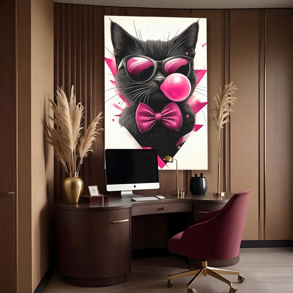 Tablou Canvas Premium, LuxCanva® M1191, Rockstar cu Mustati, Pisica, Funky, Pop Art, Fashion, Roz, Ochelari, Fundita, Modern, Balon, Guma, Sclipici, Birou, Living, Camera Copil