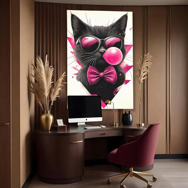 Tablou Canvas Premium, LuxCanva® M1191, Rockstar cu Mustati, Pisica, Funky, Pop Art, Fashion, Roz, Ochelari, Fundita, Modern, Balon, Guma, Sclipici, Birou, Living, Camera Copil
