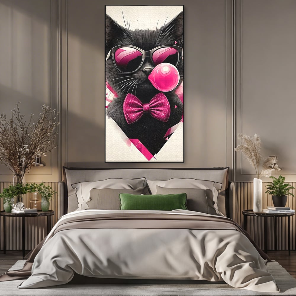 Tablou Canvas Premium, LuxCanva® M1191, Rockstar cu Mustati, Pisica, Funky, Pop Art, Fashion, Roz, Ochelari, Fundita, Modern, Balon, Guma, Sclipici, Birou, Living, Camera Copil