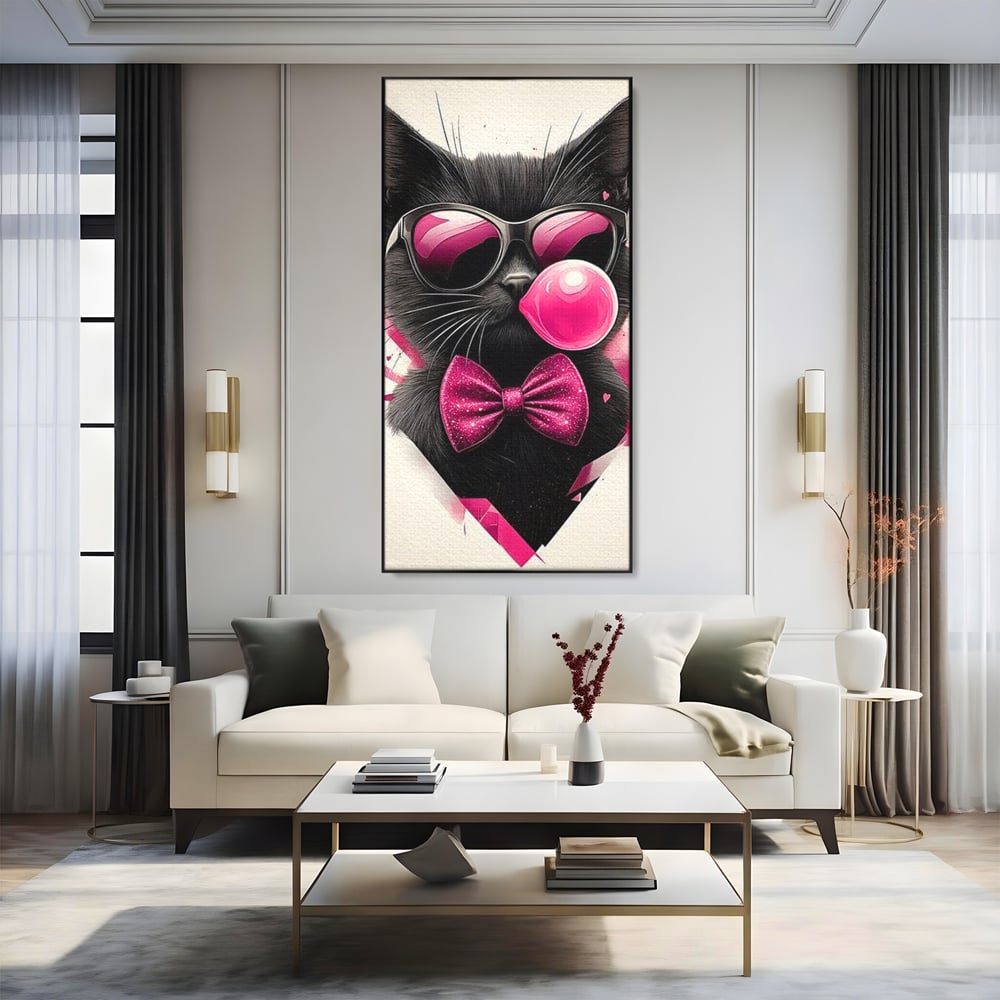 Tablou Canvas Premium, LuxCanva® M1191, Rockstar cu Mustati, Pisica, Funky, Pop Art, Fashion, Roz, Ochelari, Fundita, Modern, Balon, Guma, Sclipici, Birou, Living, Camera Copil