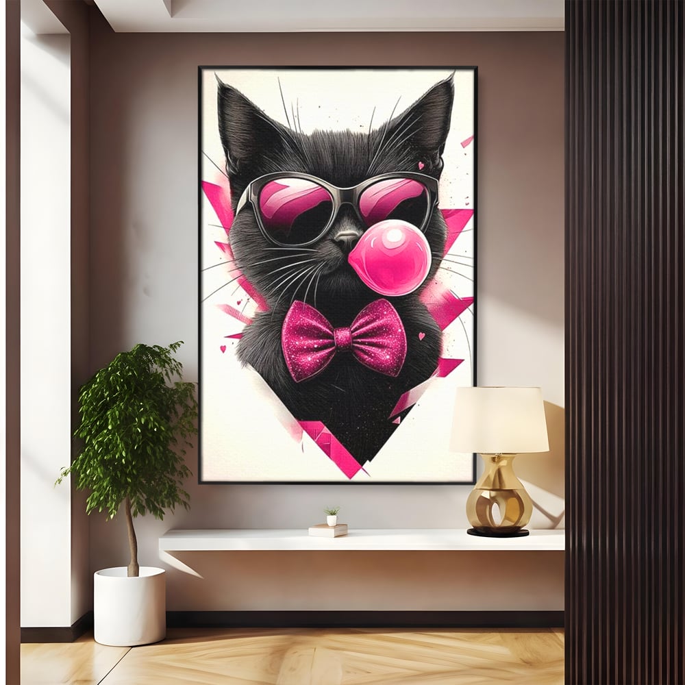 Tablou Canvas Premium, LuxCanva® M1191, Rockstar cu Mustati, Pisica, Funky, Pop Art, Fashion, Roz, Ochelari, Fundita, Modern, Balon, Guma, Sclipici, Birou, Living, Camera Copil