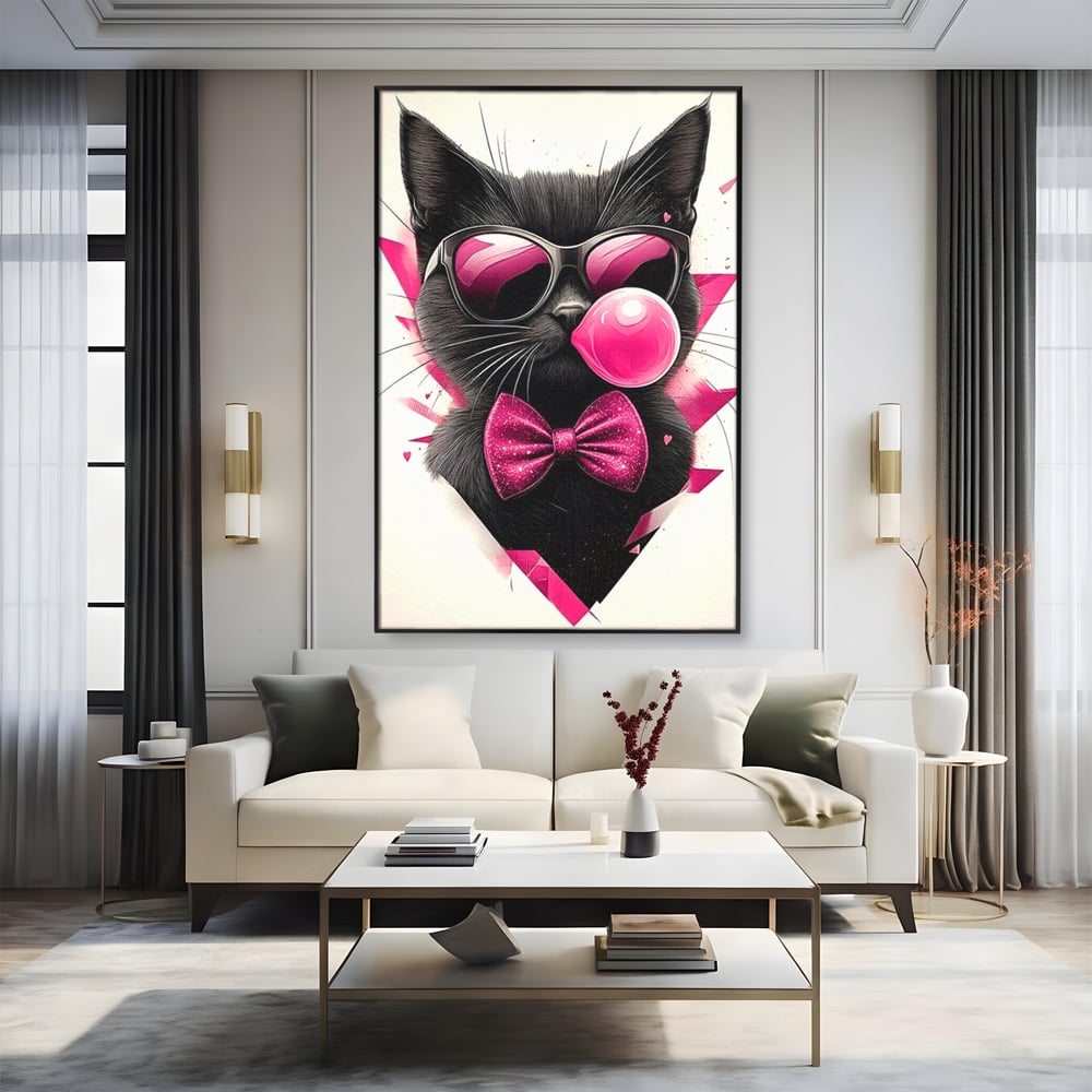 Tablou Canvas Premium, LuxCanva® M1191, Rockstar cu Mustati, Pisica, Funky, Pop Art, Fashion, Roz, Ochelari, Fundita, Modern, Balon, Guma, Sclipici, Birou, Living, Camera Copil