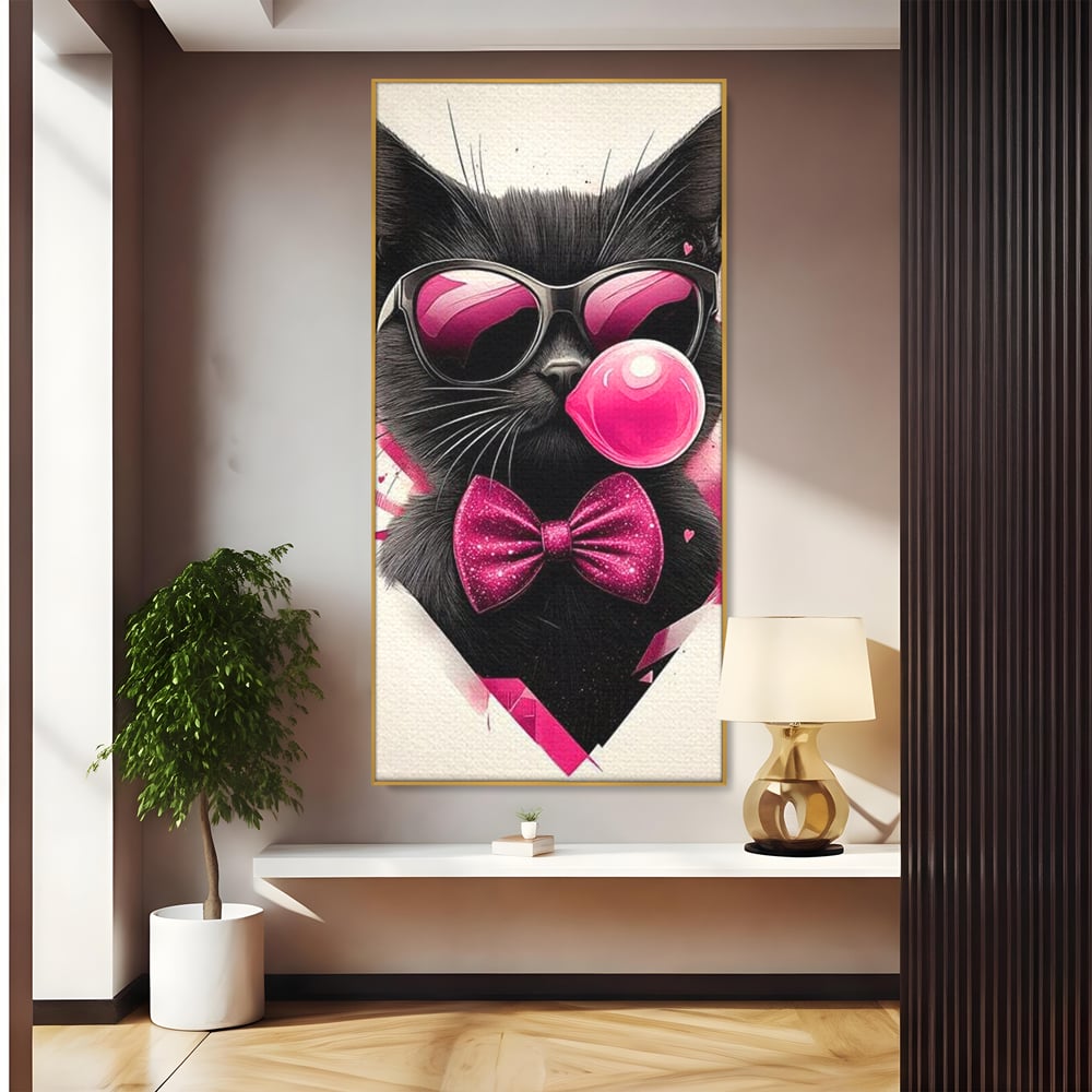 Tablou Canvas Premium, LuxCanva® M1191, Rockstar cu Mustati, Pisica, Funky, Pop Art, Fashion, Roz, Ochelari, Fundita, Modern, Balon, Guma, Sclipici, Birou, Living, Camera Copil