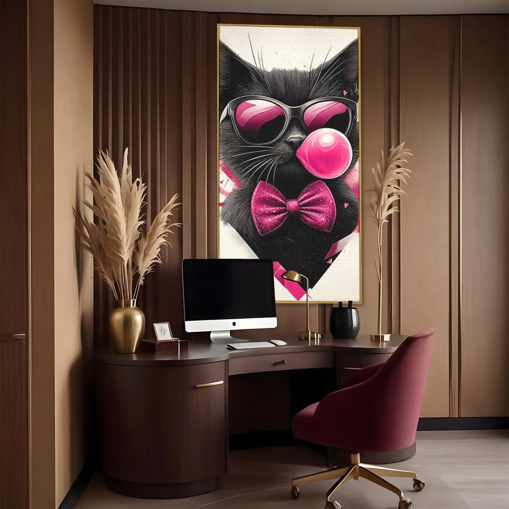 Tablou Canvas Premium, LuxCanva® M1191, Rockstar cu Mustati, Pisica, Funky, Pop Art, Fashion, Roz, Ochelari, Fundita, Modern, Balon, Guma, Sclipici, Birou, Living, Camera Copil