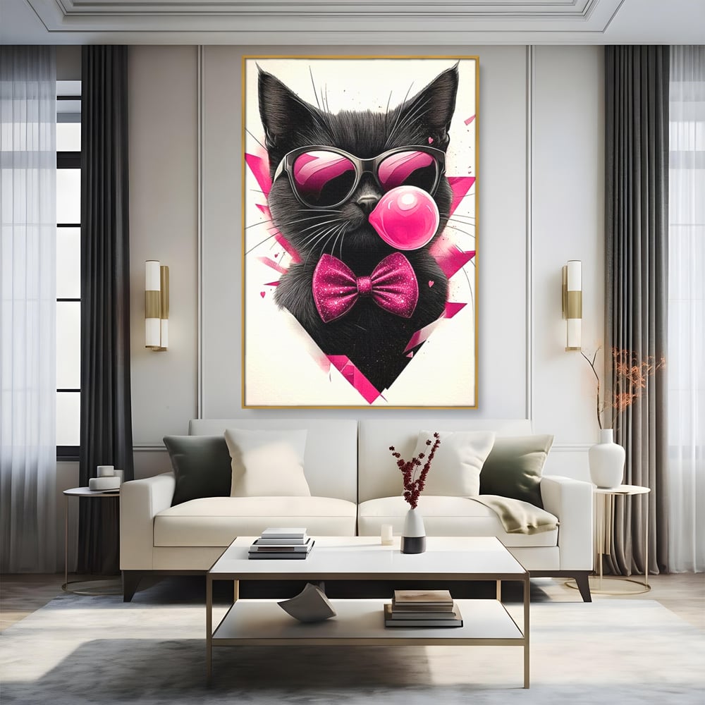Tablou Canvas Premium, LuxCanva® M1191, Rockstar cu Mustati, Pisica, Funky, Pop Art, Fashion, Roz, Ochelari, Fundita, Modern, Balon, Guma, Sclipici, Birou, Living, Camera Copil