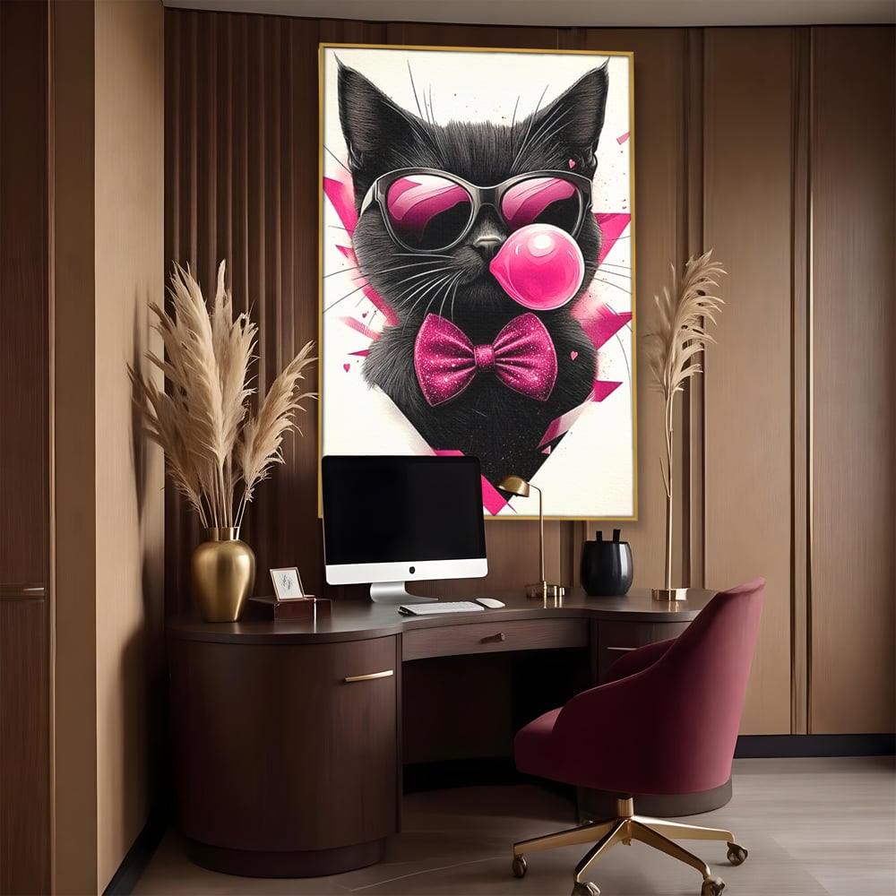 Tablou Canvas Premium, LuxCanva® M1191, Rockstar cu Mustati, Pisica, Funky, Pop Art, Fashion, Roz, Ochelari, Fundita, Modern, Balon, Guma, Sclipici, Birou, Living, Camera Copil