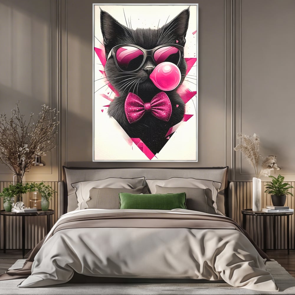 Tablou Canvas Premium, LuxCanva® M1191, Rockstar cu Mustati, Pisica, Funky, Pop Art, Fashion, Roz, Ochelari, Fundita, Modern, Balon, Guma, Sclipici, Birou, Living, Camera Copil