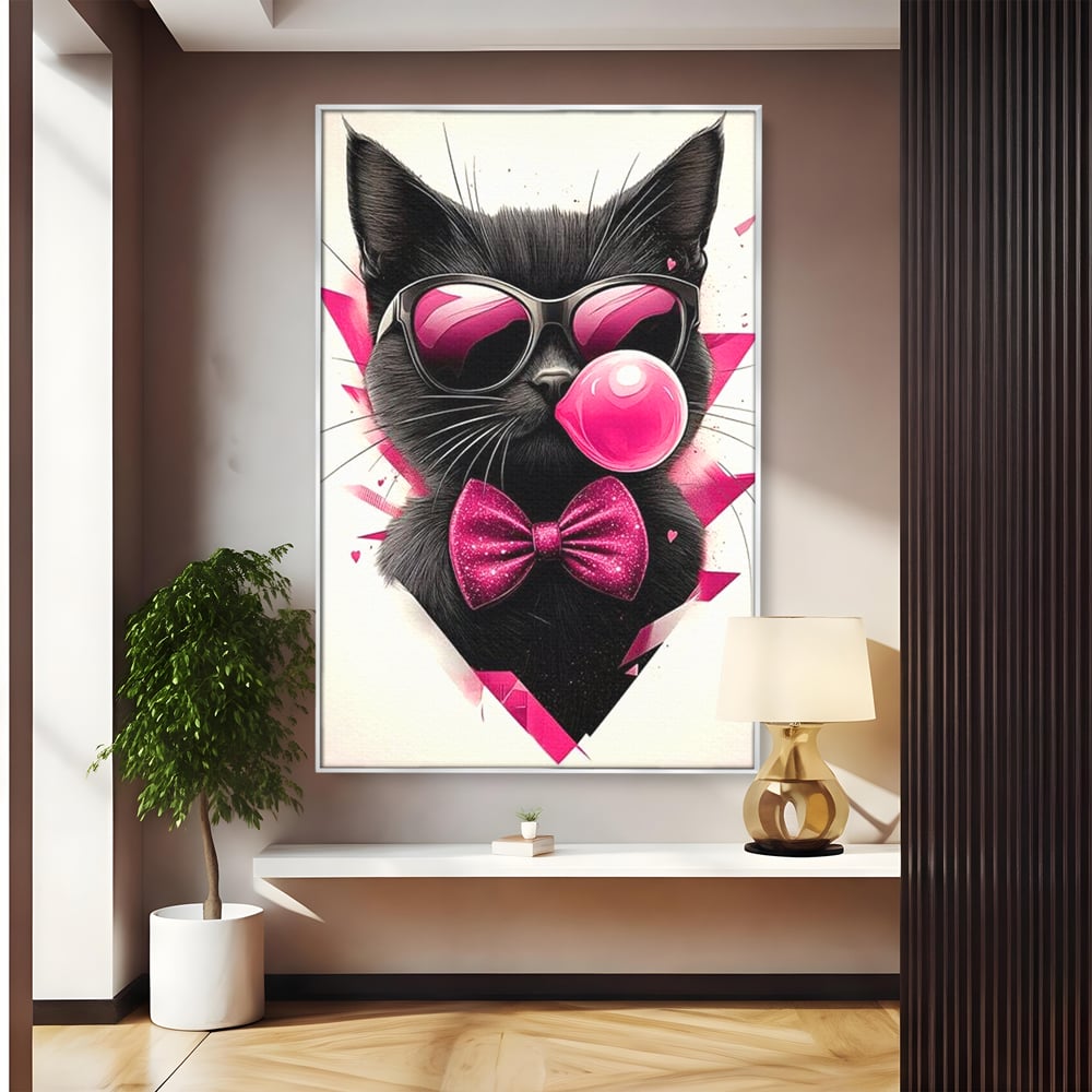 Tablou Canvas Premium, LuxCanva® M1191, Rockstar cu Mustati, Pisica, Funky, Pop Art, Fashion, Roz, Ochelari, Fundita, Modern, Balon, Guma, Sclipici, Birou, Living, Camera Copil