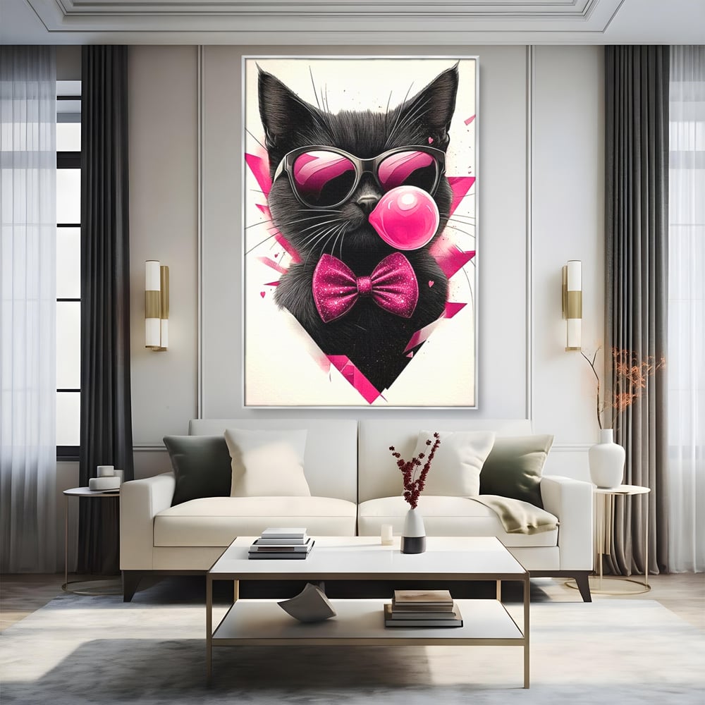 Tablou Canvas Premium, LuxCanva® M1191, Rockstar cu Mustati, Pisica, Funky, Pop Art, Fashion, Roz, Ochelari, Fundita, Modern, Balon, Guma, Sclipici, Birou, Living, Camera Copil