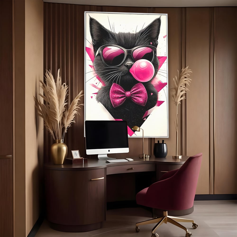 Tablou Canvas Premium, LuxCanva® M1191, Rockstar cu Mustati, Pisica, Funky, Pop Art, Fashion, Roz, Ochelari, Fundita, Modern, Balon, Guma, Sclipici, Birou, Living, Camera Copil