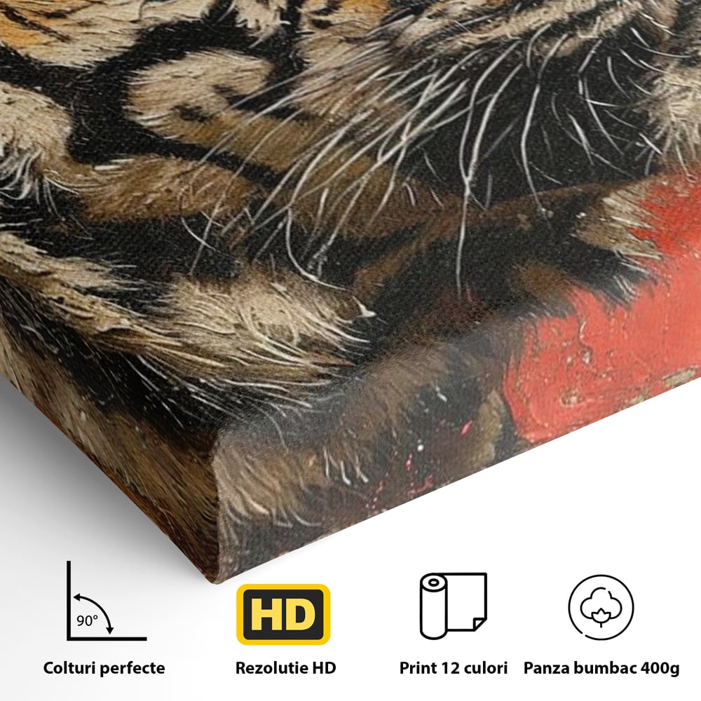 Leinwandbilder Premium, LuxCanva® M1192, Empire in Stripes, Tiger, Rot, Vintage, Gemälde, Profil, Portrait, Feline, Edel, Feline, Tier, Golden, König, Streifen, Büro, Wohnen, Kinderzimmer