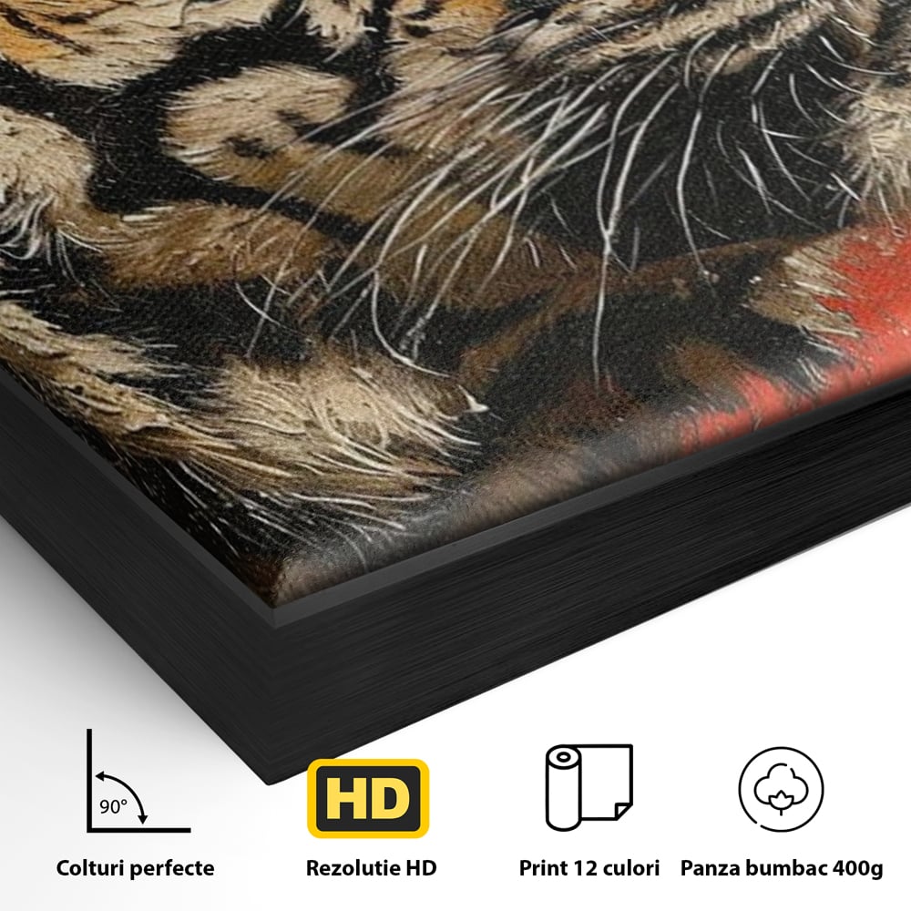 Leinwandbilder Premium, LuxCanva® M1192, Empire in Stripes, Tiger, Rot, Vintage, Gemälde, Profil, Portrait, Feline, Edel, Feline, Tier, Golden, König, Streifen, Büro, Wohnen, Kinderzimmer