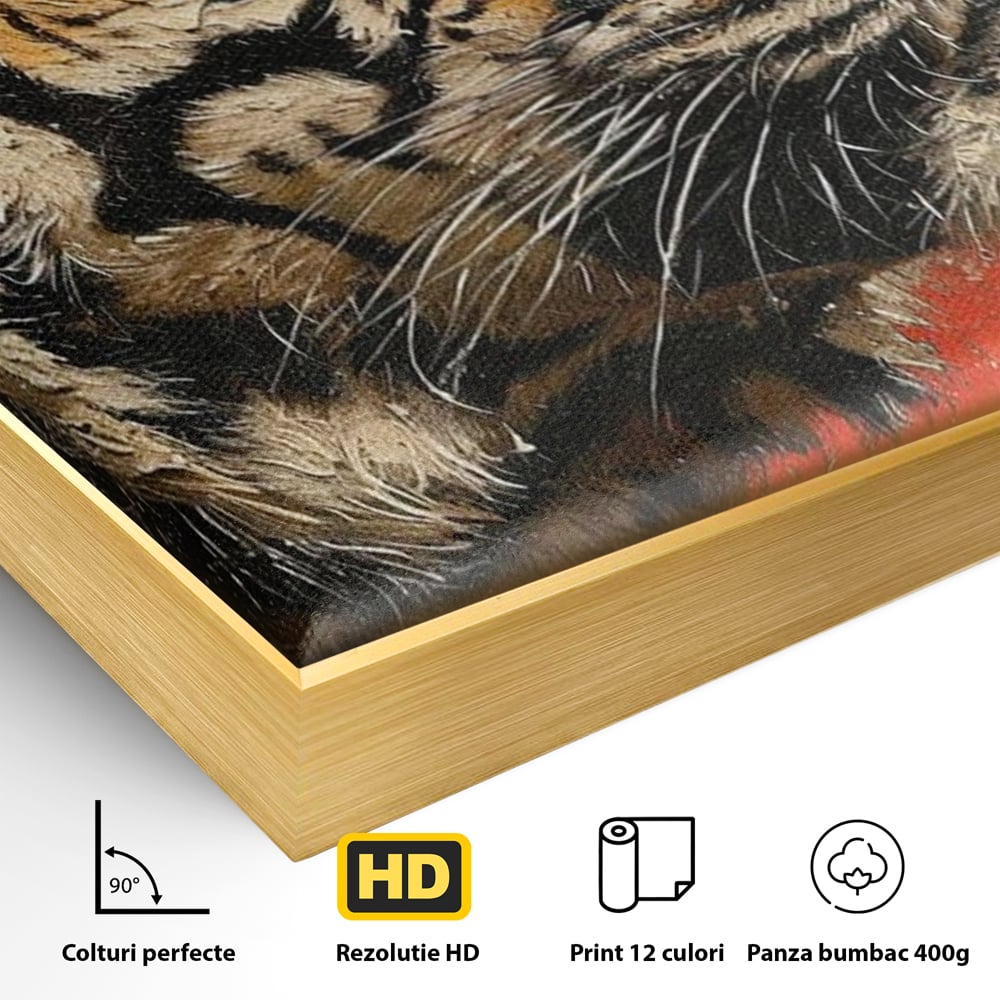 Leinwandbilder Premium, LuxCanva® M1192, Empire in Stripes, Tiger, Rot, Vintage, Gemälde, Profil, Portrait, Feline, Edel, Feline, Tier, Golden, König, Streifen, Büro, Wohnen, Kinderzimmer