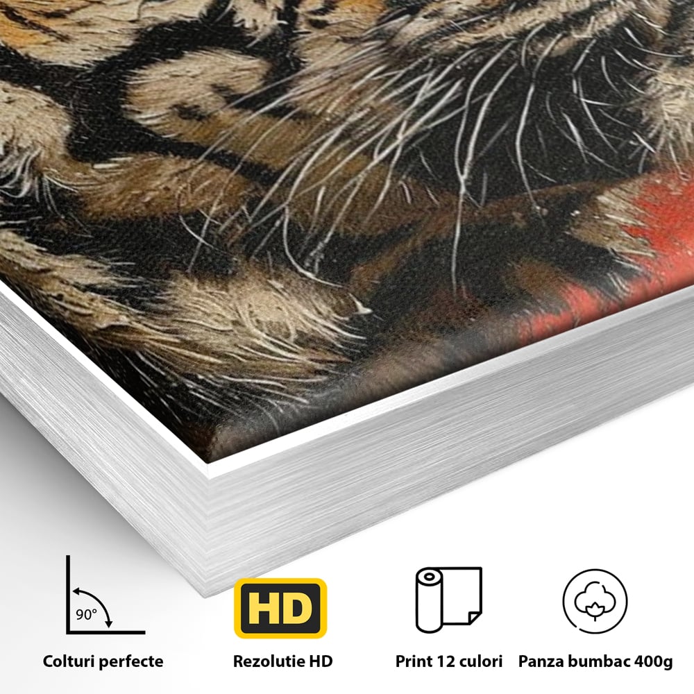 Leinwandbilder Premium, LuxCanva® M1192, Empire in Stripes, Tiger, Rot, Vintage, Gemälde, Profil, Portrait, Feline, Edel, Feline, Tier, Golden, König, Streifen, Büro, Wohnen, Kinderzimmer