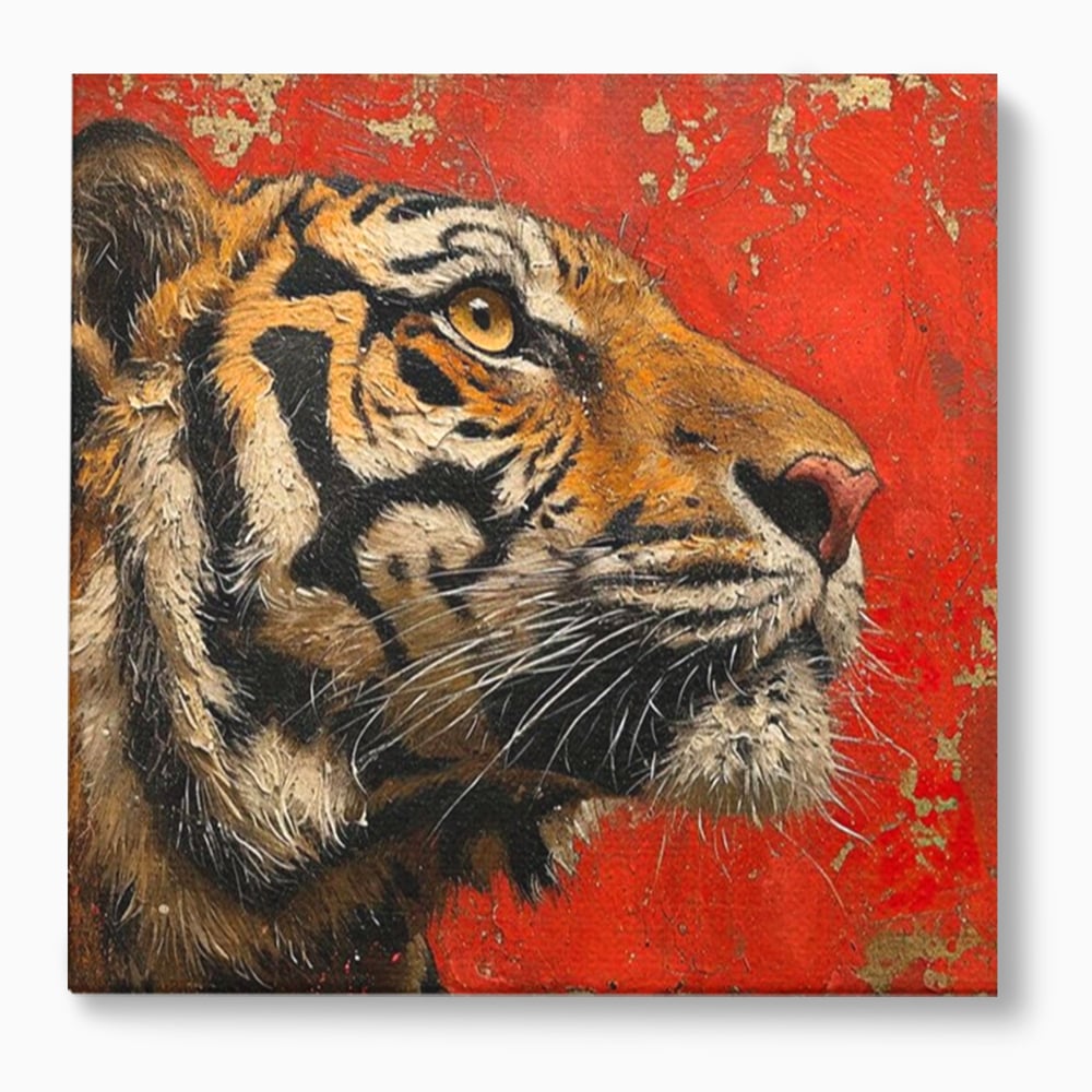 Leinwandbilder Premium, LuxCanva® M1192, Empire in Stripes, Tiger, Rot, Vintage, Gemälde, Profil, Portrait, Feline, Edel, Feline, Tier, Golden, König, Streifen, Büro, Wohnen, Kinderzimmer