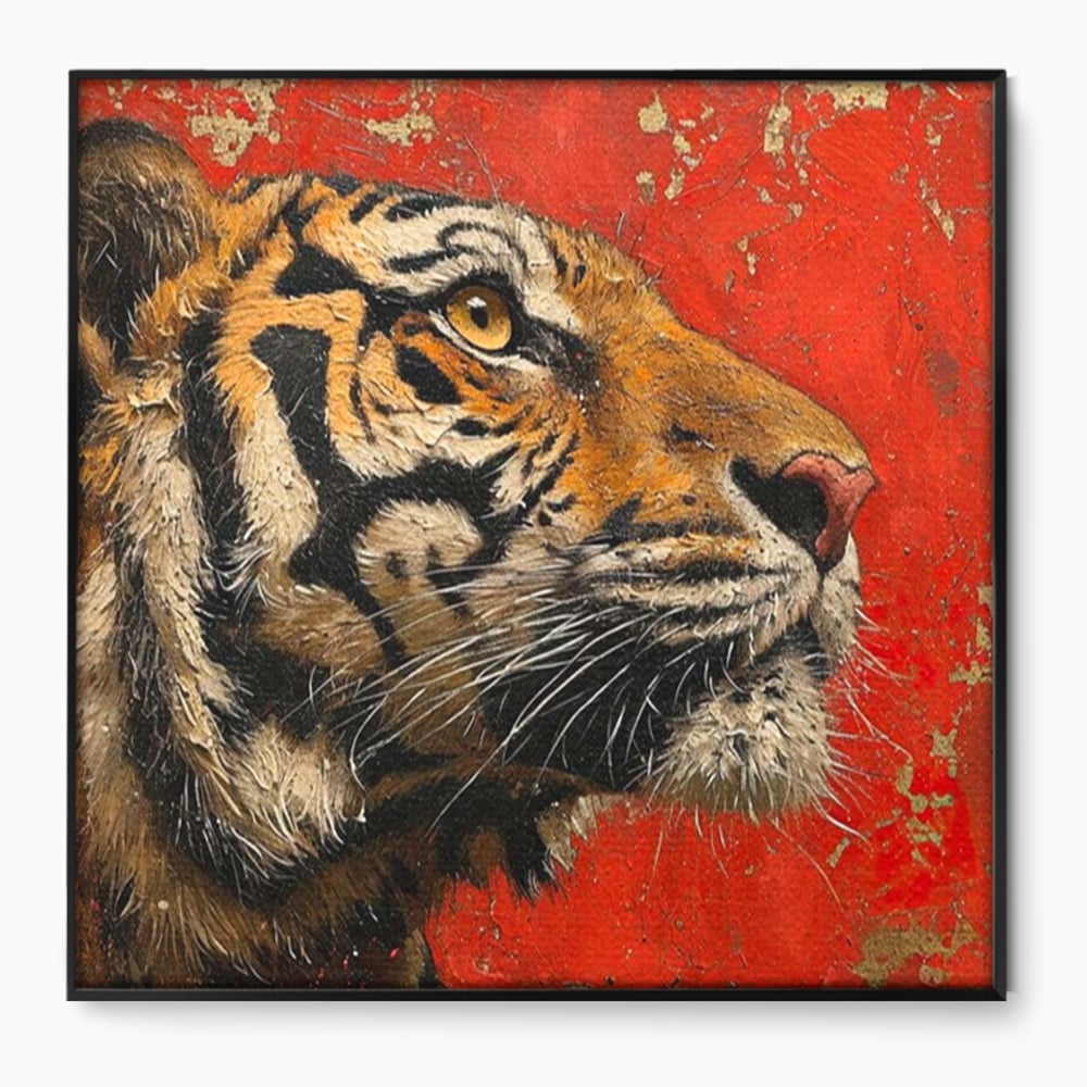 Leinwandbilder Premium, LuxCanva® M1192, Empire in Stripes, Tiger, Rot, Vintage, Gemälde, Profil, Portrait, Feline, Edel, Feline, Tier, Golden, König, Streifen, Büro, Wohnen, Kinderzimmer