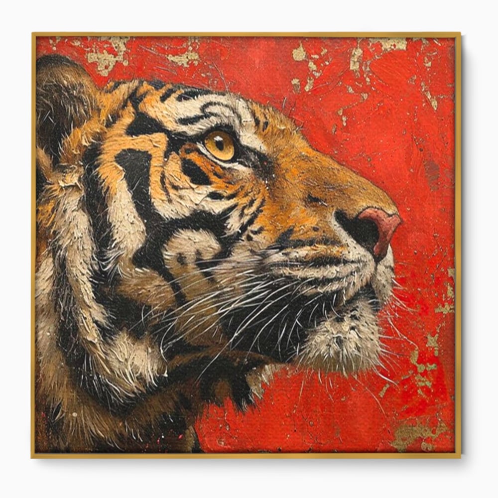 Leinwandbilder Premium, LuxCanva® M1192, Empire in Stripes, Tiger, Rot, Vintage, Gemälde, Profil, Portrait, Feline, Edel, Feline, Tier, Golden, König, Streifen, Büro, Wohnen, Kinderzimmer