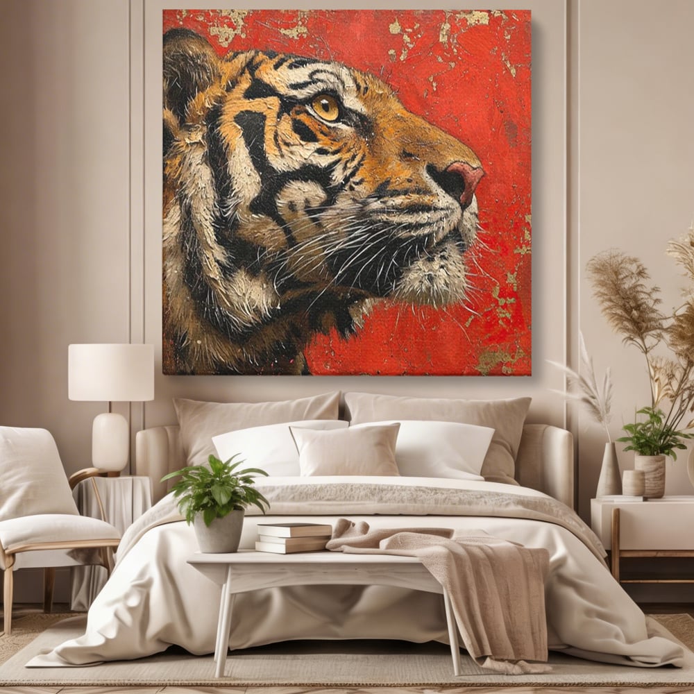 Leinwandbilder Premium, LuxCanva® M1192, Empire in Stripes, Tiger, Rot, Vintage, Gemälde, Profil, Portrait, Feline, Edel, Feline, Tier, Golden, König, Streifen, Büro, Wohnen, Kinderzimmer