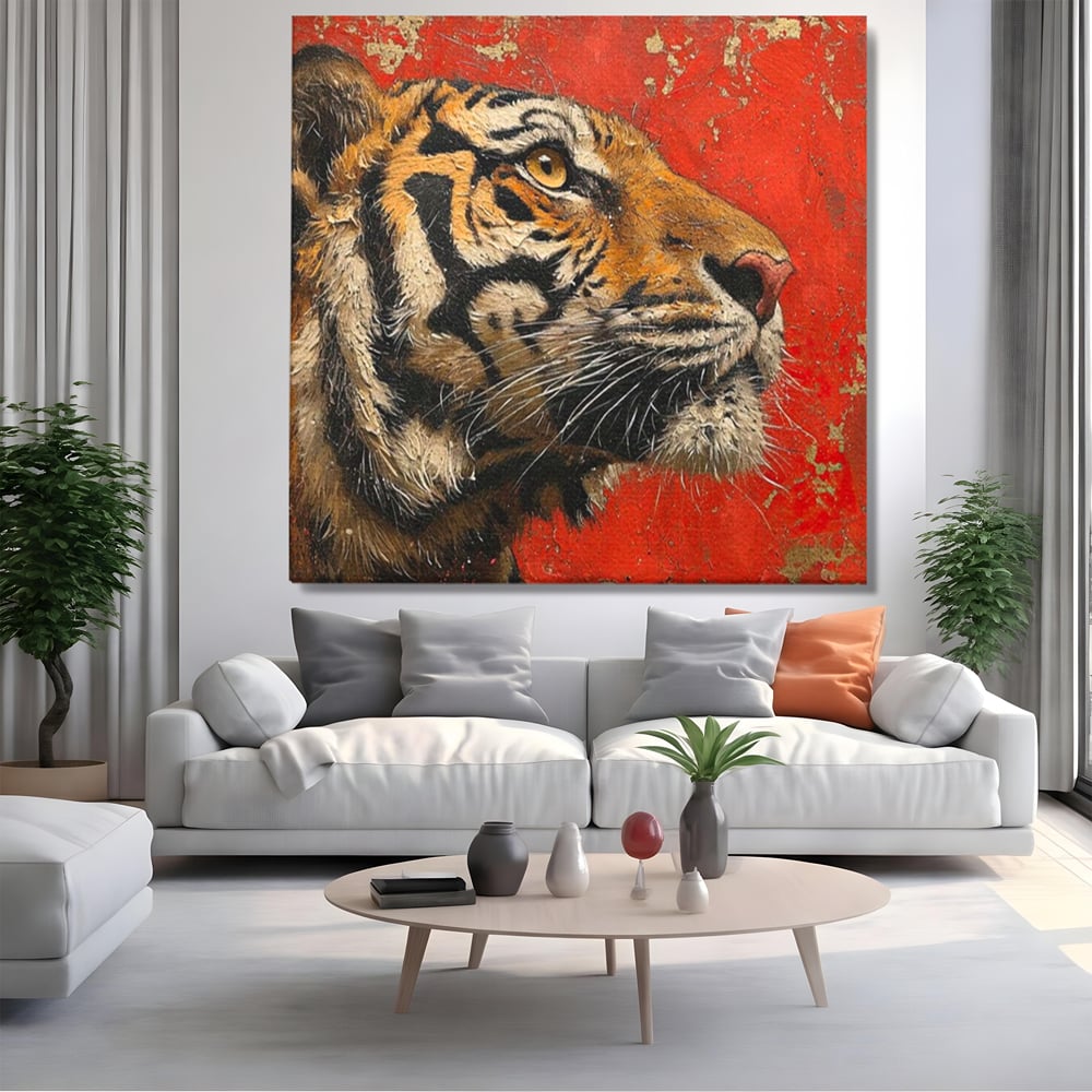 Leinwandbilder Premium, LuxCanva® M1192, Empire in Stripes, Tiger, Rot, Vintage, Gemälde, Profil, Portrait, Feline, Edel, Feline, Tier, Golden, König, Streifen, Büro, Wohnen, Kinderzimmer